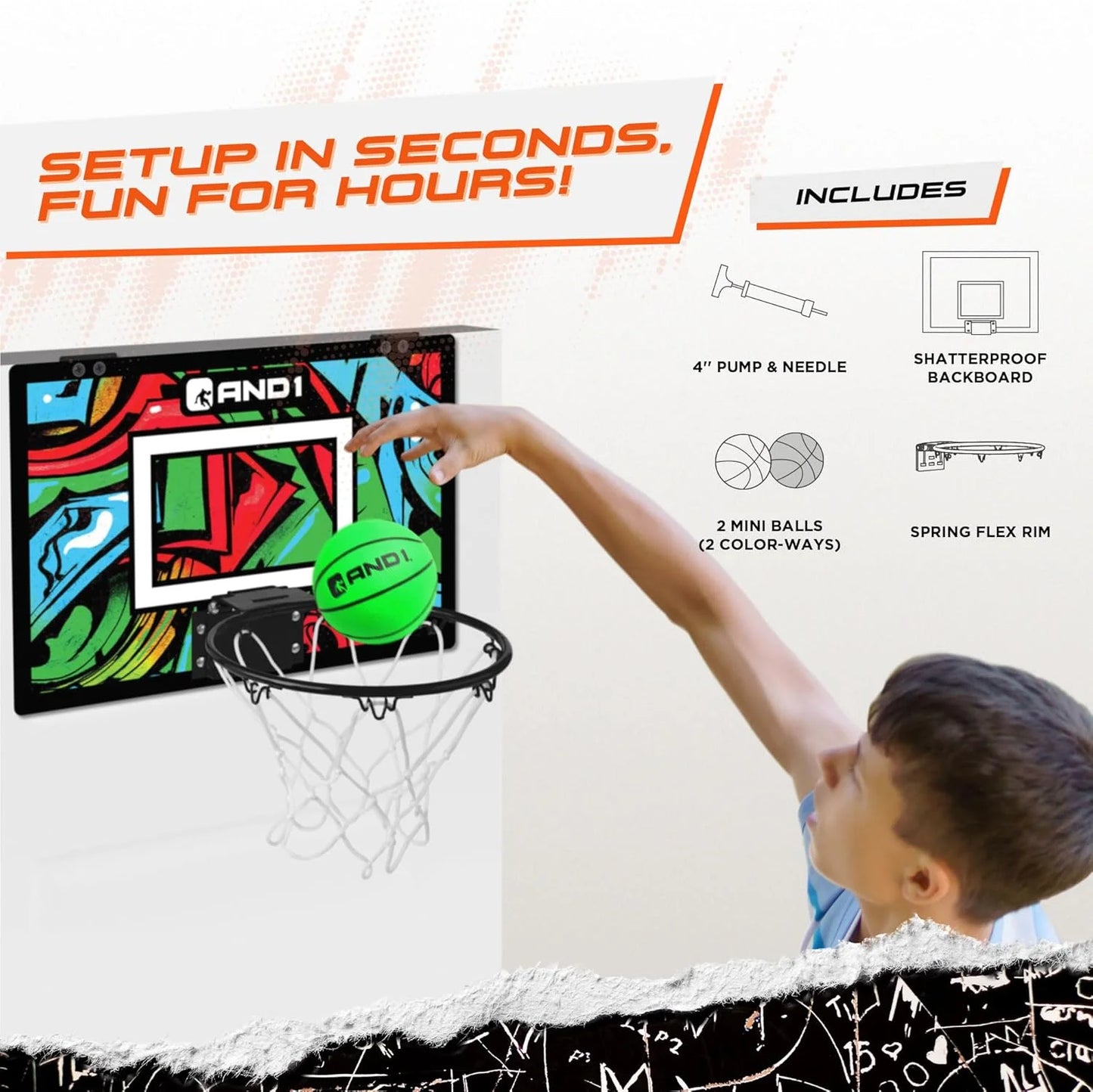 over the Door Mini Basketball Hoop, 18"X12" Shatterproof Backboard, Indoor Basketball for Kids and Adults